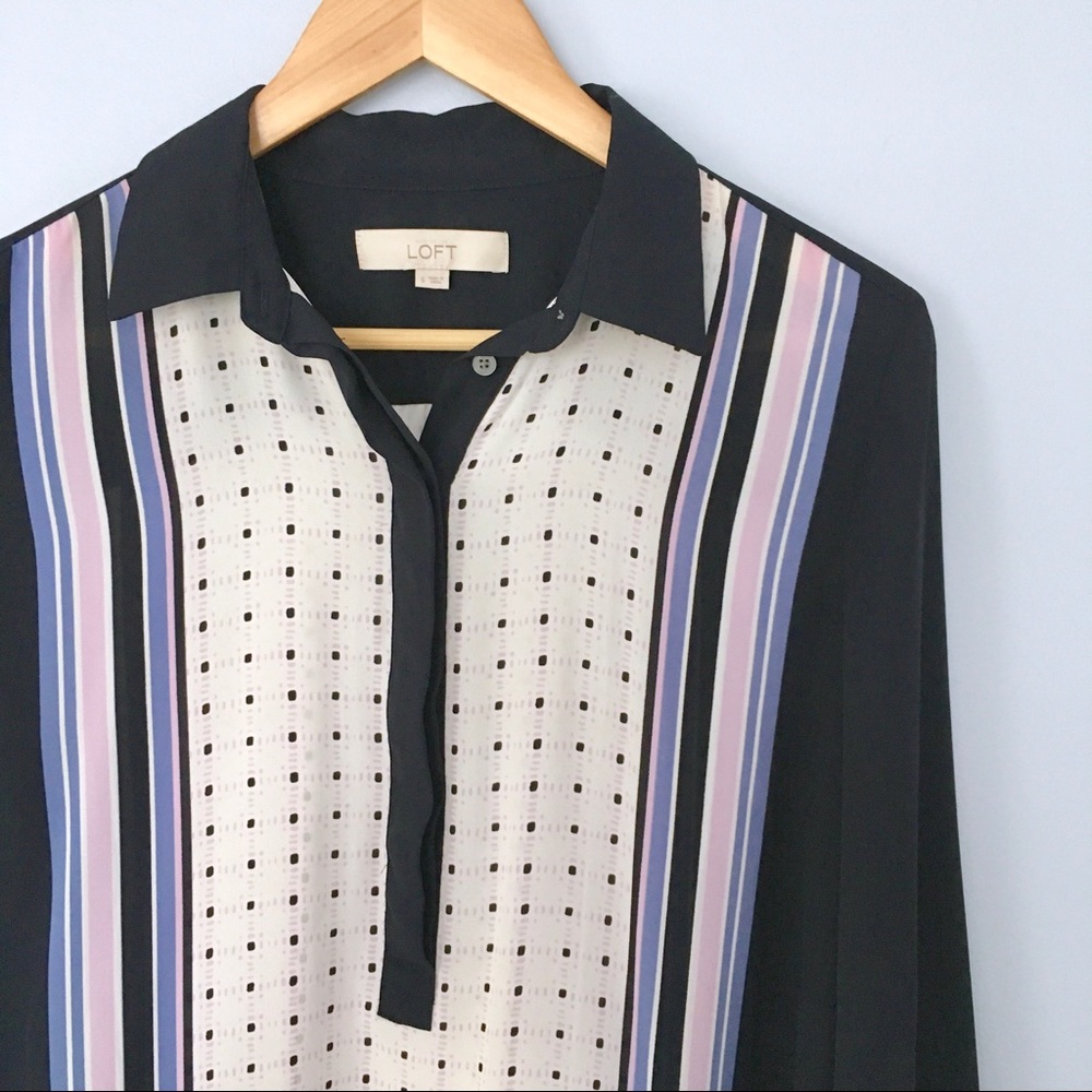 Loft Navy Blue Stripe Dot Print Collared Blouse